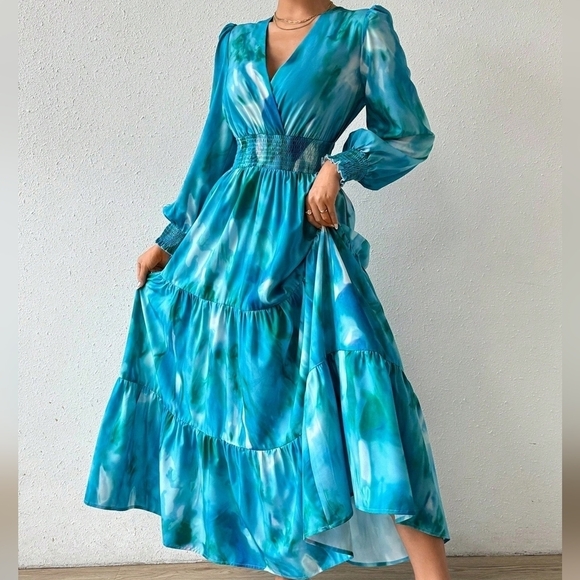 Dresses & Skirts - Tie-Dye Lantern Sleeve Drawstring High Waist Long Dress